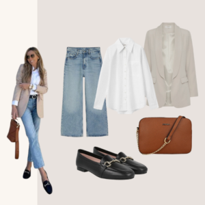 outfit con mocasines y blazer beige
